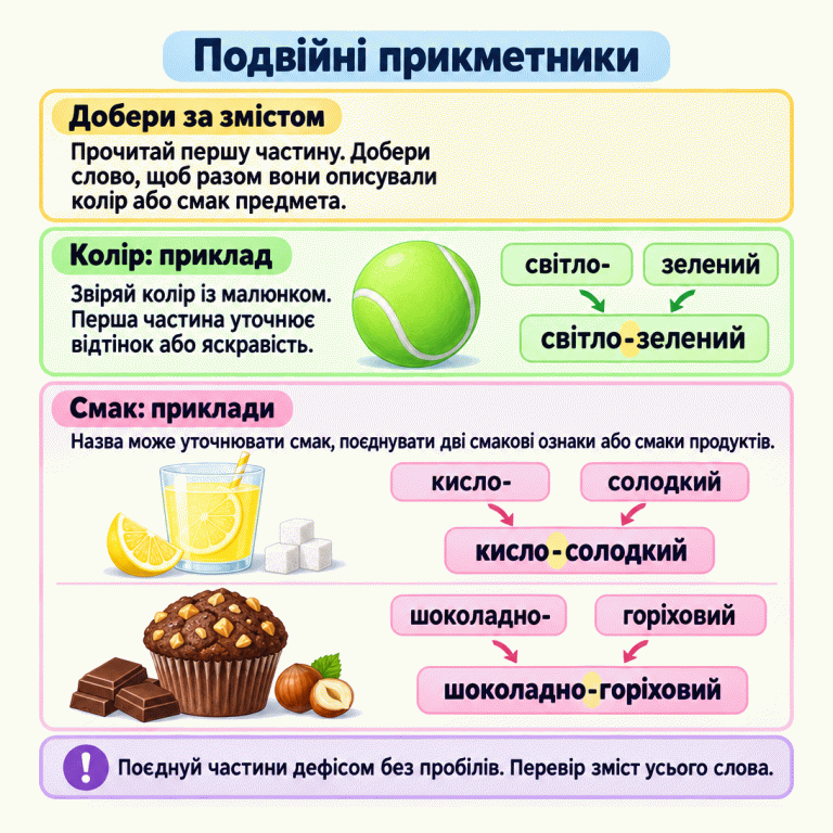 Картка пояснює, як добирати частини прикметника за кольором або смаком предмета. Три навчальні приклади: світло-зелений м’яч, кисло-солодкий лимонний напій із цукром і шоколадно-горіховий кекс. Біля кожного зображення показано дві окремі частини та утворений прикметник. Нагадування пояснює, що частини поєднуємо дефісом без пробілів і перевіряємо зміст усього слова. Подвійні прикметники Добери за змістом: Прочитай першу частину. Добери слово, щоб разом вони описували колір або смак предмета. Колір: приклад: Звіряй колір із малюнком. Перша частина уточнює відтінок або яскравість. Смак: приклади: Назва може уточнювати смак, поєднувати дві смакові ознаки або смаки продуктів. Поєднуй частини дефісом без пробілів. Перевір зміст усього слова. світло- зелений світло-зелений кисло- солодкий кисло-солодкий шоколадно- горіховий шоколадно-горіховий !