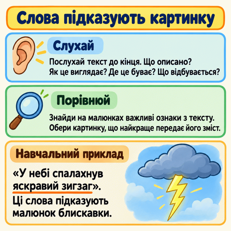 Картка вчить прослухати весь опис, визначити вигляд, місце й події та зіставити важливі ознаки з малюнками. У навчальному прикладі слова про яскравий зигзаг у небі відповідають зображенню блискавки з хмарою. Слова підказують картинку Слухай: Послухай текст до кінця. Що описано? Як це виглядає? Де це буває? Що відбувається? Порівнюй: Знайди на малюнках важливі ознаки з тексту. Обери картинку, що найкраще передає його зміст. Навчальний приклад: «У небі спалахнув яскравий зигзаг». Ці слова підказують малюнок блискавки.