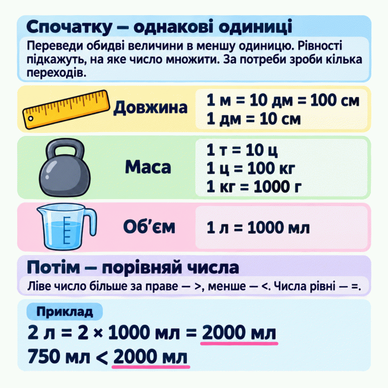 Спочатку переведи величини в однакові менші одиниці, потім порівняй числа. Біля лінійки наведено: 1 м = 10 дм = 100 см; 1 дм = 10 см. Біля гирі: 1 т = 10 ц; 1 ц = 100 кг; 1 кг = 1000 г. Біля мірного глечика: 1 л = 1000 мл. У навчальному прикладі 2 л перетворено на 2000 мл множенням на 1000. Порівняння: 750 мл < 2000 мл. Якщо ліве число більше за праве, обери >, якщо менше — <, якщо числа рівні — =. Спочатку — однакові одиниці: Переведи обидві величини в меншу одиницю. Рівності підкажуть, на яке число множити. За потреби зроби кілька переходів. Потім — порівняй числа: Ліве число більше за праве — >, менше — <. Числа рівні — =. Довжина 1 м = 10 дм = 100 см 1 дм = 10 см Маса 1 т = 10 ц 1 ц = 100 кг 1 кг = 1000 г Об’єм 1 л = 1000 мл Приклад 2 л = 2 × 1000 мл = 2000 мл 750 мл < 2000 мл