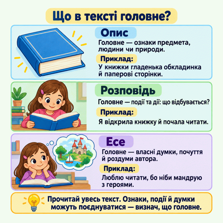 Три навчальні приклади на тему книжки. Опис називає її ознаки. Розповідь повідомляє про відкривання книжки й читання. Есе передає любов до читання та уявну мандрівку з героями. Нагадування радить прочитати увесь текст і визначити головне, адже ознаки, події й думки можуть поєднуватися. Що в тексті головне? Опис: Головне — ознаки предмета, людини чи природи. Розповідь: Головне — події та дії: що відбувається? Есе: Головне — власні думки, почуття й роздуми автора. Прочитай увесь текст. Ознаки, події й думки можуть поєднуватися — визнач, що головне. Приклад: У книжки гладенька обкладинка й паперові сторінки. Я відкрила книжку й почала читати. Люблю читати, бо ніби мандрую з героями.
