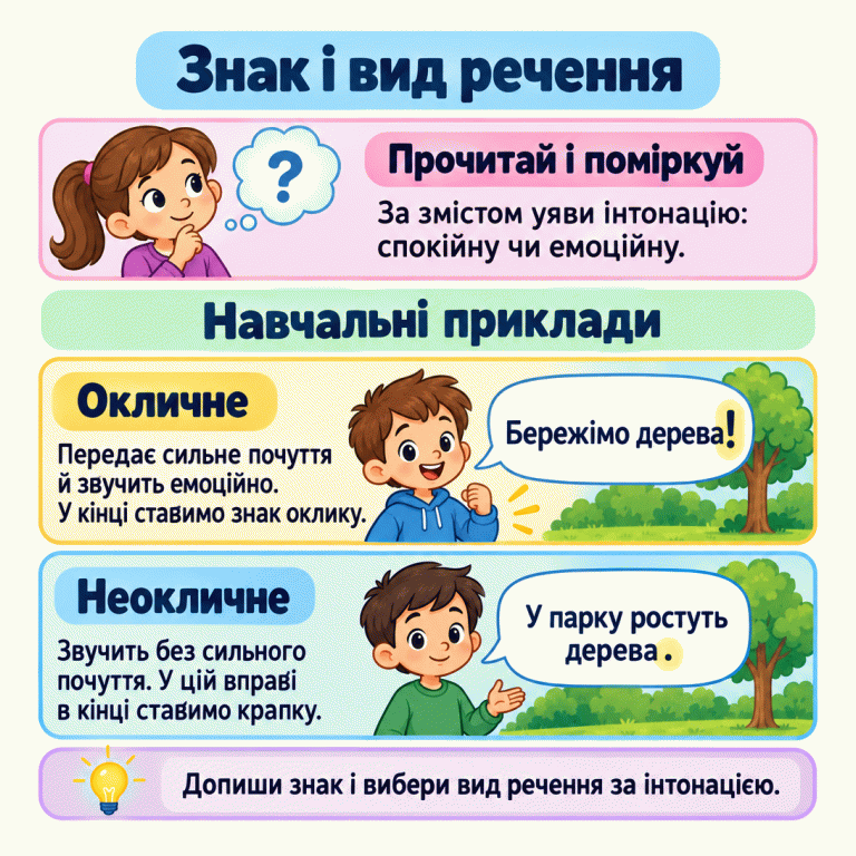 Картка пояснює, як визначити вид речення за інтонацією. Емоційний заклик «Бережімо дерева!» — окличний і завершується знаком оклику. Спокійне повідомлення «У парку ростуть дерева.» — неокличне й завершується крапкою. У цій вправі спочатку уявляємо звучання речення, потім дописуємо знак і вибираємо його вид. Знак і вид речення Прочитай і поміркуй: За змістом уяви інтонацію: спокійну чи емоційну. Окличне: Передає сильне почуття й звучить емоційно. У кінці ставимо знак оклику. Неокличне: Звучить без сильного почуття. У цій вправі в кінці ставимо крапку. Допиши знак і вибери вид речення за інтонацією. Навчальні приклади Бережімо дерева! У парку ростуть дерева. ?