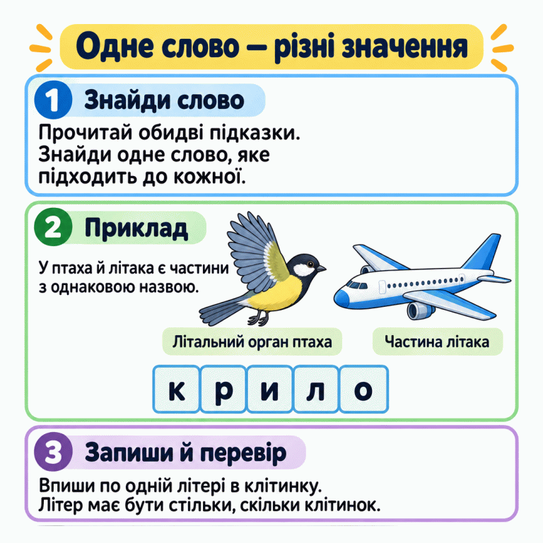 Картка пояснює, як знайти одне багатозначне слово за двома підказками. У секції «Приклад» зображені птах із видимим крилом і літак із видимим крилом. Біля них підказки «Літальний орган птаха» та «Частина літака». Спільне слово записане у п’яти клітинках: к, р, и, л, о. В іншому запитанні потрібно знайти своє слово, яке підходить до обох підказок, і вписати по одній літері в клітинку. Одне слово — різні значення Знайди слово: Прочитай обидві підказки. Знайди одне слово, яке підходить до кожної. Приклад: У птаха й літака є частини з однаковою назвою. Запиши й перевір: Впиши по одній літері в клітинку. Літер має бути стільки, скільки клітинок. Літальний орган птаха Частина літака к р и л о 1 2 3