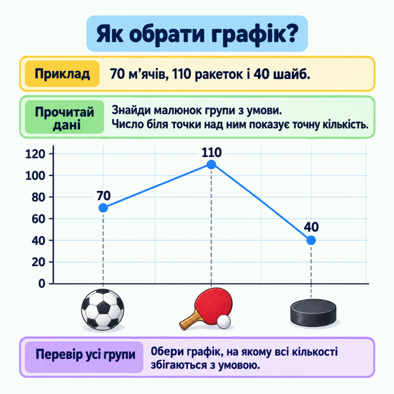 Картка пояснює, як обрати графік за всіма даними умови. Навчальний приклад: 70 м’ячів, 110 ракеток і 40 шайб. На одному графіку над малюнками цих груп розташовані точки з відповідними числовими підписами. Шкала зростає від 0 до 120 з кроком 20. Щоб обрати потрібний графік, знайди кожну групу, прочитай число біля її точки та перевір збіг усіх кількостей з умовою. Як обрати графік? Приклад: 70 м’ячів, 110 ракеток і 40 шайб. Прочитай дані: Знайди малюнок групи з умови. Число біля точки над ним показує точну кількість. Перевір усі групи: Обери графік, на якому всі кількості збігаються з умовою. 20 40 60 80 100 120 70 110 40