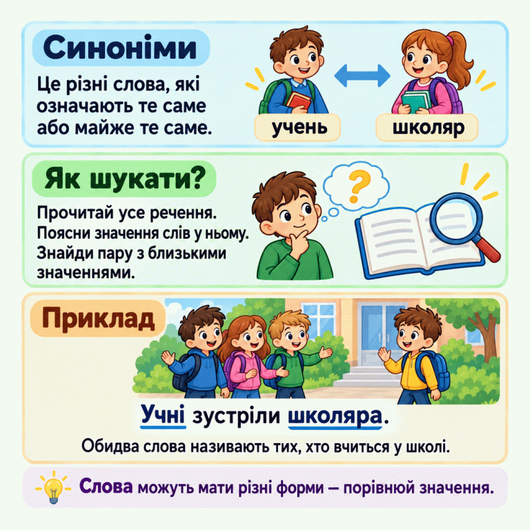 Картка пояснює, що синоніми — різні слова, які означають те саме або майже те саме. Щоб знайти їх, прочитай речення та порівняй значення слів у ньому. У навчальному прикладі «Учні зустріли школяра.» підкреслено «Учні» та «школяра». Обидва слова називають тих, хто вчиться у школі. На малюнку група школярів зустрічає іншого школяра. Нагадування: слова можуть мати різні форми, тому потрібно порівнювати значення. Синоніми: Це різні слова, які означають те саме або майже те саме. Як шукати?: Прочитай усе речення. Поясни значення слів у ньому. Знайди пару з близькими значеннями. Приклад: Обидва слова називають тих, хто вчиться у школі. Слова можуть мати різні форми — порівнюй значення. Учні зустріли школяра. учень школяр ?