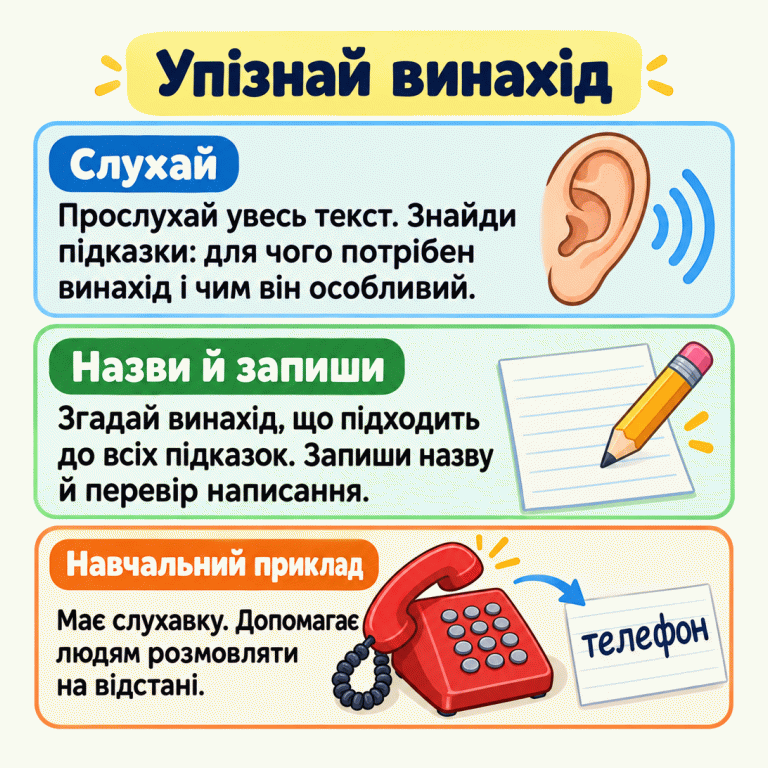 Картка пояснює: прослухай опис, знайди призначення й особливості винаходу, зістав усі підказки, запиши назву та перевір написання. У навчальному прикладі телефон має слухавку й допомагає людям розмовляти на відстані. Поруч записано його назву: телефон. Упізнай винахід Слухай: Прослухай увесь текст. Знайди підказки: для чого потрібен винахід і чим він особливий. Назви й запиши: Згадай винахід, що підходить до всіх підказок. Запиши назву й перевір написання. Навчальний приклад: Має слухавку. Допомагає людям розмовляти на відстані. телефон
