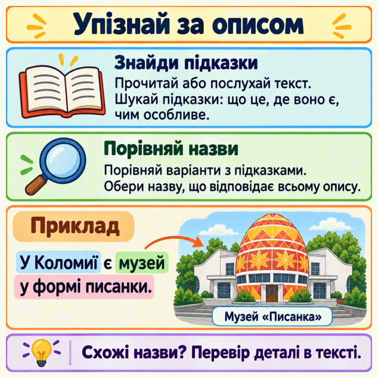 Картка пояснює, як упізнати об’єкт за описом: прочитати або послухати текст, знайти підказки про те, що це, де воно є та чим особливе, і порівняти назви. У навчальному прикладі музей у Коломиї має форму писанки. Поруч зображено відповідну музейну будівлю з підписом «Музей «Писанка»». Схожі назви потрібно перевіряти за деталями тексту. Упізнай за описом Знайди підказки: Прочитай або послухай текст. Шукай підказки: що це, де воно є, чим особливе. Порівняй назви: Порівняй варіанти з підказками. Обери назву, що відповідає всьому опису. Приклад: У Коломиї є музей у формі писанки. Схожі назви? Перевір деталі в тексті. Музей «Писанка»