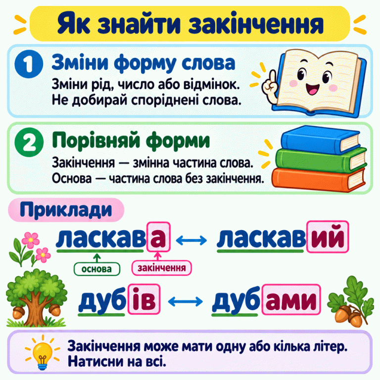 Картка пояснює: зміни граматичну форму слова, порівняй форми й натисни на всі літери закінчення. У парі «ласкава — ласкавий» основа «ласкав», закінчення «а» та «ий». У парі «дубів — дубами» основа «дуб», закінчення «ів» та «ами». Основи підкреслені, а цілі закінчення обведені рамками. Закінчення може мати одну або кілька літер. Як знайти закінчення Зміни форму слова: Зміни рід, число або відмінок. Не добирай споріднені слова. Порівняй форми: Закінчення — змінна частина слова. Основа — частина слова без закінчення. Закінчення може мати одну або кілька літер. Натисни на всі. Приклади ласкава ласкавий основа закінчення дубів дубами 1 2