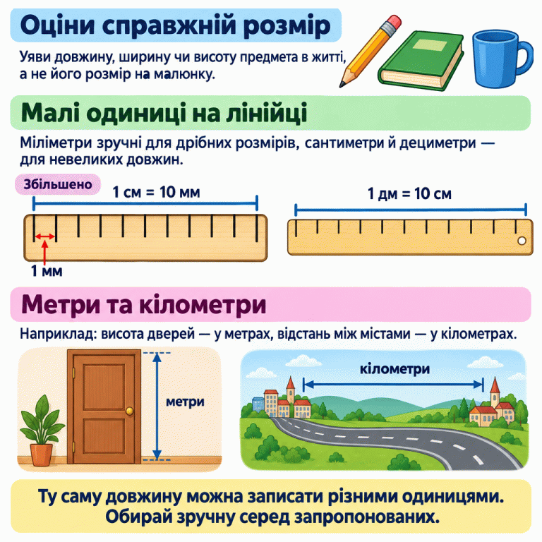 Картка пояснює вибір одиниці за справжнім розміром. Схематична лінійка показує, що один дециметр дорівнює десяти сантиметрам. Збільшений сантиметр поділено на десять міліметрів; один проміжок позначено як один міліметр. Висота дверей — приклад для метрів, дорога між містами — для кілометрів. Ту саму довжину можна записати різними одиницями; слід обирати зручну серед запропонованих. Оціни справжній розмір: Уяви довжину, ширину чи висоту предмета в житті, а не його розмір на малюнку. Малі одиниці на лінійці: Міліметри зручні для дрібних розмірів, сантиметри й дециметри — для невеликих довжин. Метри та кілометри: Наприклад: висота дверей — у метрах, відстань між містами — у кілометрах. Ту саму довжину можна записати різними одиницями. Обирай зручну серед запропонованих. Збільшено 1 см = 10 мм 1 мм 1 дм = 10 см метри кілометри