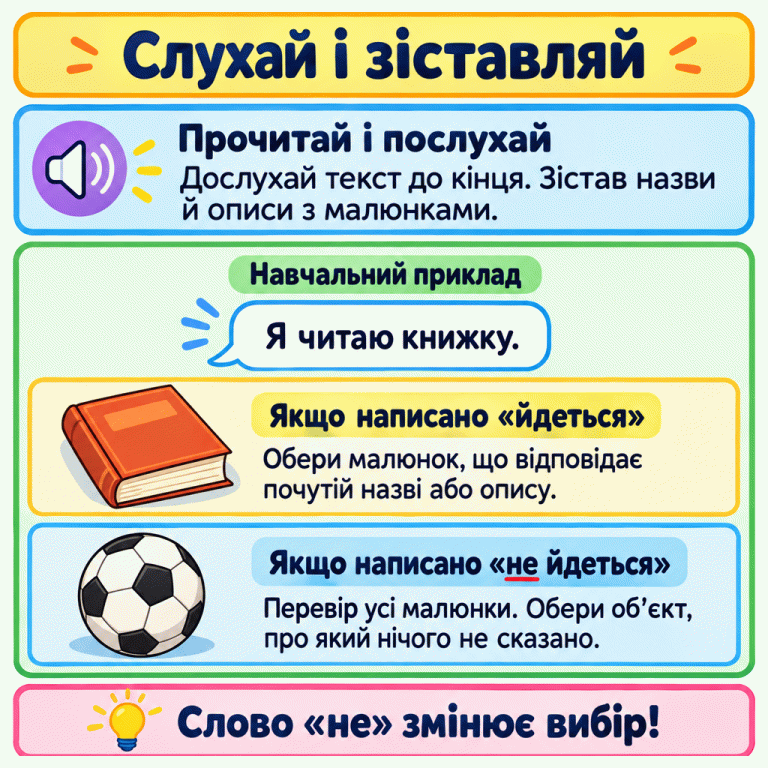 Спочатку прочитай завдання, дослухай текст і зістав назви та описи з малюнками. У навчальному прикладі сказано: «Я читаю книжку». Якщо треба знайти те, про що йдеться, підходить книжка. Якщо треба знайти те, про що не йдеться, підходить м’яч: про нього нічого не сказано. Слово «не» змінює вибір. Слухай і зіставляй Прочитай і послухай: Дослухай текст до кінця. Зістав назви й описи з малюнками. Якщо написано «йдеться»: Обери малюнок, що відповідає почутій назві або опису. Якщо написано «не йдеться»: Перевір усі малюнки. Обери об’єкт, про який нічого не сказано. Слово «не» змінює вибір! Навчальний приклад Я читаю книжку.