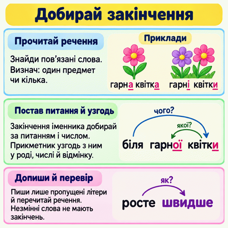 Картка пояснює, як дібрати закінчення. Спочатку визнач, один предмет чи кілька: одна квітка — «гарна квітка», кілька — «гарні квітки». У прикладі «біля гарної квітки» питання «чого?» веде від «біля» до «квітки», а «якої?» — від «квітки» до «гарної». У сполученні «росте швидше» слово «швидше» відповідає на питання «як?» і не має закінчення. Порада: пиши лише пропущені літери й перечитай речення. Добирай закінчення Прочитай речення: Знайди пов’язані слова. Визнач: один предмет чи кілька. Постав питання й узгодь: Закінчення іменника добирай за питанням і числом. Прикметник узгодь з ним у роді, числі й відмінку. Допиши й перевір: Пиши лише пропущені літери й перечитай речення. Незмінні слова не мають закінчень. Приклади гарна квітка гарні квітки біля гарної квітки чого? якої? росте швидше як?