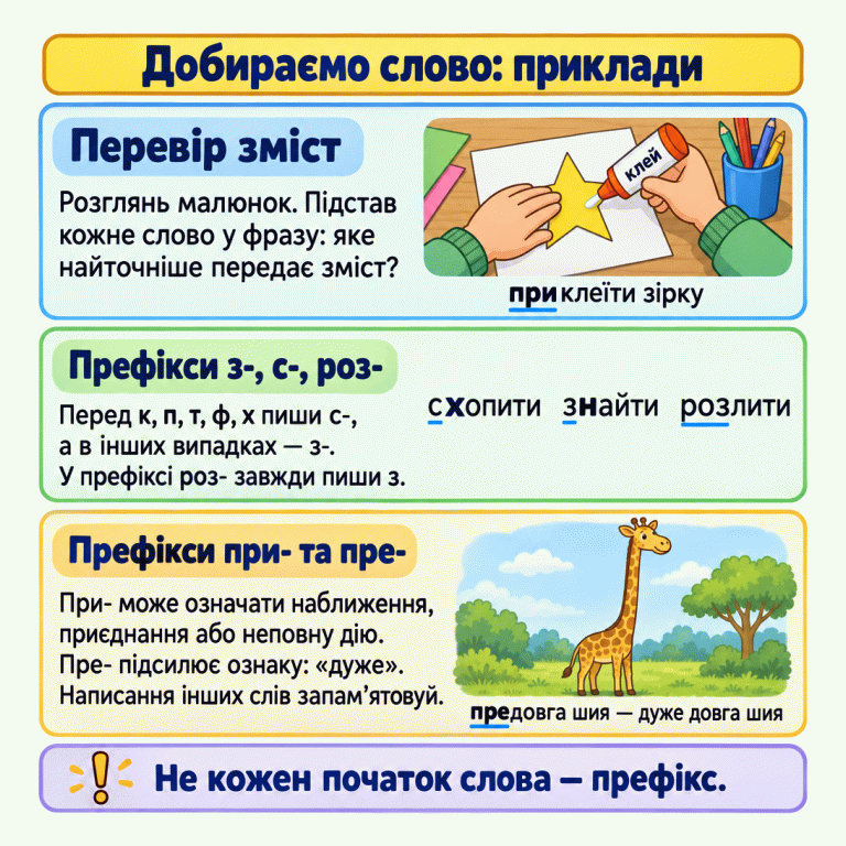 Навчальна картка пояснює перевірку змісту й написання слова. Руки приклеюють паперову зірку до аркуша: «приклеїти зірку». Треба підставити варіанти у фразу й зіставити їх із малюнком. Префікс с- пишемо перед к, п, т, ф, х, з- — в інших випадках; у роз- завжди пишемо з. Приклади: схопити, знайти, розлити. При- може означати наближення, приєднання або неповну дію. Жирафа з надзвичайно довгою шиєю пояснює: «предовга шия — дуже довга шия». Не кожен початок слова є префіксом. Добираємо слово: приклади Перевір зміст: Розглянь малюнок. Підстав кожне слово у фразу: яке найточніше передає зміст? Префікси з-, с-, роз-: Перед к, п, т, ф, х пиши с-, а в інших випадках — з-. У префіксі роз- завжди пиши з. Префікси при- та пре-: При- може означати наближення, приєднання або неповну дію. Пре- підсилює ознаку: «дуже». Написання інших слів запам’ятовуй. Не кожен початок слова — префікс. приклеїти зірку клей схопити знайти розлити предовга шия — дуже довга шия !