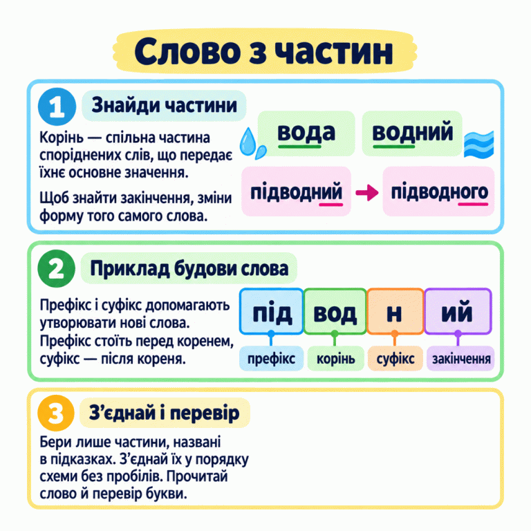 Картка пояснює, як скласти слово з підказаних частин. У споріднених словах «вода» і «водний» показано корінь «вод». Форми «підводний» і «підводного» показують зміну закінчення з «ий» на «ого». Навчальна схема слова «підводний» містить префікс «під», корінь «вод», суфікс «н» і закінчення «ий». Треба брати тільки названі в підказках частини, з’єднувати їх у цьому порядку без пробілів і перевіряти букви. Слово з частин Знайди частини: Корінь — спільна частина споріднених слів, що передає їхнє основне значення. Щоб знайти закінчення, зміни форму того самого слова. Приклад будови слова: Префікс і суфікс допомагають утворювати нові слова. Префікс стоїть перед коренем, суфікс — після кореня. З’єднай і перевір: Бери лише частини, названі в підказках. З’єднай їх у порядку схеми без пробілів. Прочитай слово й перевір букви. вода водний підводний підводного під вод н ий префікс корінь суфікс закінчення 1 2 3