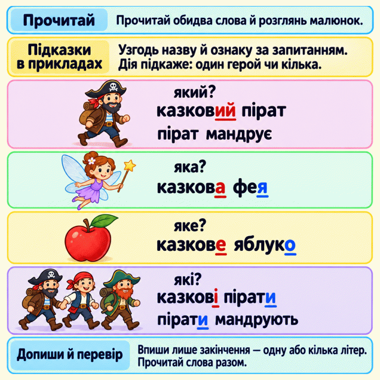 Картка пояснює, як дописувати закінчення за сусіднім словом. Навчальні приклади: «який? — казковий пірат», «яка? — казкова фея», «яке? — казкове яблуко», «які? — казкові пірати». Дія також підказує число: один пірат — «пірат мандрує», кілька піратів — «пірати мандрують». Закінчення підкреслено всередині слів. Потрібно вписати лише закінчення й прочитати слова разом. Прочитай: Прочитай обидва слова й розглянь малюнок. Підказки в прикладах: Узгодь назву й ознаку за запитанням. Дія підкаже: один герой чи кілька. Допиши й перевір: Впиши лише закінчення — одну або кілька літер. Прочитай слова разом. який? казковий пірат пірат мандрує яка? казкова фея яке? казкове яблуко які? казкові пірати пірати мандрують