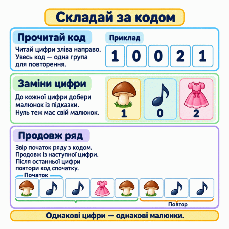 Картка пояснює читання коду зліва направо, заміну цифр малюнками за підказкою та повторення коду спочатку. Навчальний приклад має код 10021. У його підказці 0 — нота, 1 — гриб, 2 — сукня. Заданий початок — гриб і нота. Далі додано ноту, сукню, гриб, гриб, ноту й ноту. Перші п’ять малюнків відповідають повному коду, останні три починають новий повтор. Нуль не пропускають, а однакові цифри замінюють однаковими малюнками. Складай за кодом Прочитай код: Читай цифри зліва направо. Увесь код — одна група для повторення. Заміни цифри: До кожної цифри добери малюнок із підказки. Нуль теж має свій малюнок. Продовж ряд: Звір початок ряду з кодом. Продовж із наступної цифри. Після останньої цифри повтори код спочатку. Однакові цифри — однакові малюнки. Приклад 1 2 Початок Повтор