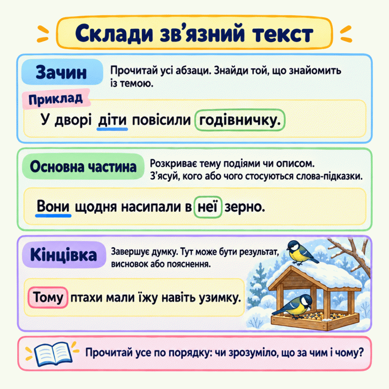 Картка пояснює, як скласти зв’язний текст із абзаців. Зачин знайомить із темою, основна частина розкриває її, а кінцівка завершує думку результатом, висновком або поясненням. Один навчальний приклад читається згори вниз: «У дворі діти повісили годівничку. Вони щодня насипали в неї зерно. Тому птахи мали їжу навіть узимку». Підкреслення зіставляють «діти» з «Вони», інше виділення — «годівничку» з «неї». Слово «Тому» показує наслідок. Поруч намальовані пташки біля годівнички із зерном. Наприкінці запропоновано перечитати текст і перевірити, що за чим і чому. Склади зв’язний текст Зачин: Прочитай усі абзаци. Знайди той, що знайомить із темою. Основна частина: Розкриває тему подіями чи описом. З’ясуй, кого або чого стосуються слова-підказки. Кінцівка: Завершує думку. Тут може бути результат, висновок або пояснення. Прочитай усе по порядку: чи зрозуміло, що за чим і чому? Приклад У дворі діти повісили годівничку. Вони щодня насипали в неї зерно. Тому птахи мали їжу навіть узимку.