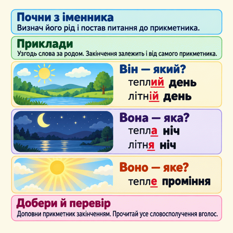 Картка про добір закінчення прикметника. Визнач рід іменника та постав питання до прикметника. Приклади: «Він — який?» — теплий день, літній день; «Вона — яка?» — тепла ніч, літня ніч; «Воно — яке?» — тепле проміння. У прикметниках підкреслено закінчення. Приклади показують, що закінчення залежить і від конкретного прикметника. Доповни слово й прочитай усе словосполучення вголос. Почни з іменника: Визнач його рід і постав питання до прикметника. Приклади: Узгодь слова за родом. Закінчення залежить і від самого прикметника. Добери й перевір: Доповни прикметник закінченням. Прочитай усе словосполучення вголос. Він — який? теплий день літній день Вона — яка? тепла ніч літня ніч Воно — яке? тепле проміння