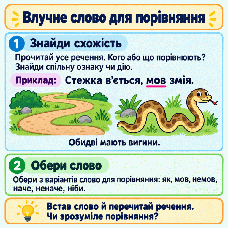 Прочитай речення та знайди, кого або що порівнюють і яка ознака чи дія є спільною. Приклад: «Стежка в’ється, мов змія». На малюнках у стежки й змії видно вигини. Для порівняння добирай з варіантів слово: як, мов, немов, наче, неначе або ніби. Встав слово й перечитай речення. Влучне слово для порівняння Знайди схожість: Прочитай усе речення. Кого або що порівнюють? Знайди спільну ознаку чи дію. Обери слово: Обери з варіантів слово для порівняння: як, мов, немов, наче, неначе, ніби. Встав слово й перечитай речення. Чи зрозуміле порівняння? Приклад: Стежка в’ється, мов змія. Обидві мають вигини. 1 2