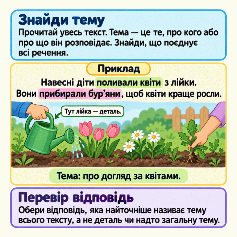 Прочитай увесь текст і знайди, що поєднує його речення. У прикладі діти поливають квіти й прибирають бур’яни. Спільна тема — догляд за квітами, а лійка — лише деталь. Обирай відповідь, яка найточніше називає тему всього тексту. Знайди тему: Прочитай увесь текст. Тема — це те, про кого або про що він розповідає. Знайди, що поєднує всі речення. Перевір відповідь: Обери відповідь, яка найточніше називає тему всього тексту, а не деталь чи надто загальну тему. Приклад Навесні діти поливали квіти з лійки. Вони прибирали бур’яни, щоб квіти краще росли. Тема: про догляд за квітами. Тут лійка — деталь.