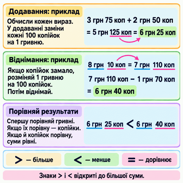 Навчальні приклади дій із грошима. 3 грн 75 коп плюс 2 грн 50 коп дорівнює 5 грн 125 коп, тобто 6 грн 25 коп. 8 грн 10 коп — це 7 грн 110 коп; після віднімання 1 грн 70 коп залишається 6 грн 40 коп. У результатах гривень порівну, тому порівнюємо 25 коп із 40 коп: перша сума менша. Спочатку порівнюють гривні, а за їх рівності — копійки. Знаки більше й менше відкриті до більшої суми. Якщо порівну і гривень, і копійок, ставлять знак рівності. Додавання: приклад: Обчисли кожен вираз. У додаванні заміни кожні 100 копійок на 1 гривню. Віднімання: приклад: Якщо копійок замало, розміняй 1 гривню на 100 копійок. Потім віднімай. Порівняй результати: Спершу порівняй гривні. Якщо їх порівну — копійки. Якщо й копійок порівну, суми рівні. Знаки > і < відкриті до більшої суми. 3 грн 75 коп + 2 грн 50 коп = 5 грн 125 коп = 6 грн 25 коп 8 грн 10 коп = 7 грн 110 коп 7 грн 110 коп − 1 грн 70 коп = 6 грн 40 коп 6 грн 25 коп < 6 грн 40 коп > — більше < — менше = — дорівнює