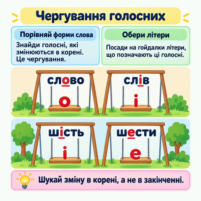 Картка пояснює, як порівнювати форми слова й обирати літери для голосних, які чергуються в корені. Два навчальні приклади розташовані один під одним. У верхньому прикладі «слово — слів» позначено перше о (після л, перед в) у «слово» та і у «слів»; кінцеве о залишено непозначеним. На відповідних гойдалках — о та і. У нижньому прикладі «шість — шести» підкреслено кореневі і та е, а на відповідних гойдалках — і та е. Нагадування радить шукати зміну в корені, а не в закінченні. Чергування голосних Порівняй форми слова: Знайди голосні, які змінюються в корені. Це чергування. Обери літери: Посади на гойдалки літери, що позначають ці голосні. Шукай зміну в корені, а не в закінченні. слово слів шість шести о і е