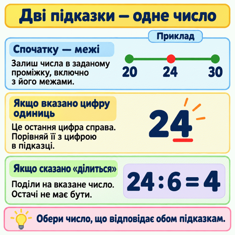 Спочатку перевір межі, потім — другу підказку з умови. Для прикладу взято число 24: воно належить проміжку від 20 до 30 включно, має цифру одиниць 4 і ділиться на 6 без остачі з часткою 4. Підказки про одиниці та подільність — альтернативні. Обране число має відповідати і межам, і своїй другій підказці. Дві підказки — одне число Спочатку — межі: Залиш числа в заданому проміжку, включно з його межами. Якщо вказано цифру одиниць: Це остання цифра справа. Порівняй її з цифрою в підказці. Якщо сказано «ділиться»: Поділи на вказане число. Остачі не має бути. Обери число, що відповідає обом підказкам. Приклад 20 30 24 6 4 : =