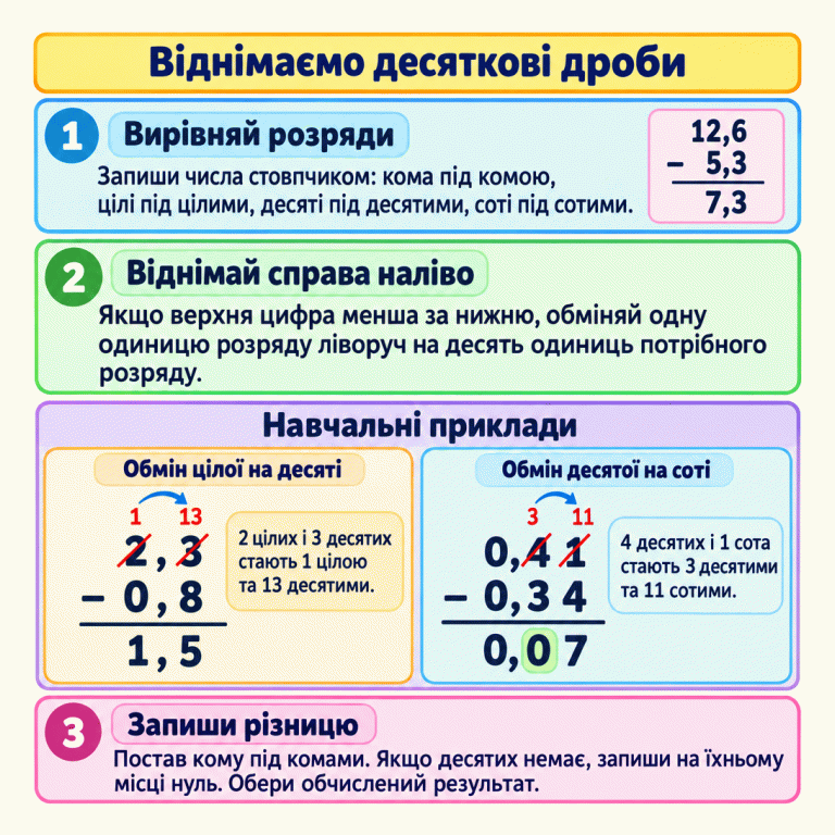 Правило віднімання десяткових дробів стовпчиком: вирівняй коми й однакові розряди, віднімай справа наліво. У навчальному прикладі 2,3 − 0,8 = 1,5 одну цілу обмінюють на десять десятих. У прикладі 0,41 − 0,34 = 0,07 одну десяту обмінюють на десять сотих. У другому результаті збережено нуль у десятих. Віднімаємо десяткові дроби Вирівняй розряди: Запиши числа стовпчиком: кома під комою, цілі під цілими, десяті під десятими, соті під сотими. Віднімай справа наліво: Якщо верхня цифра менша за нижню, обміняй одну одиницю розряду ліворуч на десять одиниць потрібного розряду. Запиши різницю: Постав кому під комами. Якщо десятих немає, запиши на їхньому місці нуль. Обери обчислений результат. Навчальні приклади 2,3 − 0,8 1,5 0,41 − 0,34 0,07 1 13 3 11 1 12,6 − 5,3 7,3 2 Обмін цілої на десяті 2 цілих і 3 десятих стають 1 цілою та 13 десятими. Обмін десятої на соті 4 десятих і 1 сота стають 3 десятими та 11 сотими. 3