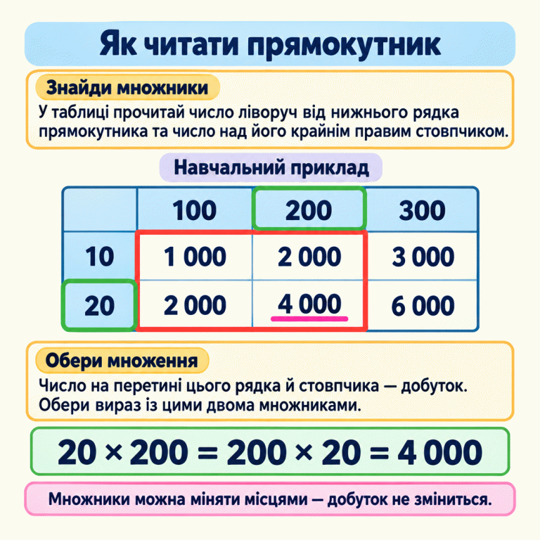 Навчальний фрагмент таблиці множення зі стовпчиками 100, 200, 300 і рядками 10, 20. Прямокутник охоплює перші два стовпчики та обидва рядки. Його множники — 20 і 200, а добуток у правій нижній клітинці — 4 000. Рівність 20 × 200 = 200 × 20 = 4 000 показує, що порядок множників не змінює добуток. Як читати прямокутник Знайди множники: У таблиці прочитай число ліворуч від нижнього рядка прямокутника та число над його крайнім правим стовпчиком. Обери множення: Число на перетині цього рядка й стовпчика — добуток. Обери вираз із цими двома множниками. Множники можна міняти місцями — добуток не зміниться. Навчальний приклад 100 200 300 10 20 1 000 2 000 3 000 4 000 6 000 20 × 200 = 200 × 20 = 4 000