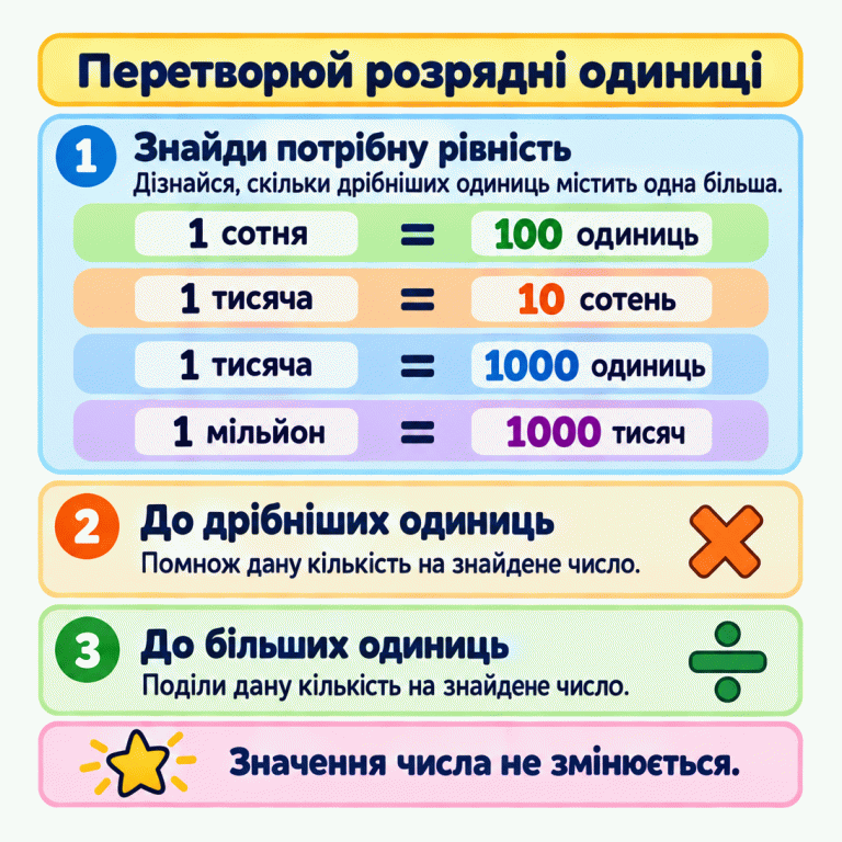 Одна сотня дорівнює 100 одиницям. Одна тисяча дорівнює 10 сотням або 1000 одиницям. Один мільйон дорівнює 1000 тисячам. Для переходу до дрібніших розрядних одиниць дану кількість множать на потрібний коефіцієнт, а до більших — ділять на нього. Значення числа не змінюється. Перетворюй розрядні одиниці Знайди потрібну рівність: Дізнайся, скільки дрібніших одиниць містить одна більша. До дрібніших одиниць: Помнож дану кількість на знайдене число. До більших одиниць: Поділи дану кількість на знайдене число. Значення числа не змінюється. 1 сотня = 100 одиниць 1 тисяча = 10 сотень 1 тисяча = 1000 одиниць 1 мільйон = 1000 тисяч × ÷ 1 2 3