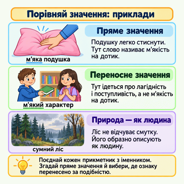 Приклади прямого й переносного значення прикметника. М'яка подушка легко стискається — це фізична м'якість. М'який характер означає лагідність і поступливість. Сумний ліс — образний опис природи як людини: ліс не відчуває смутку. Щоб вибрати прикметник, прочитай його з іменником і з'ясуй, чи ознаку перенесено за подібністю. Порівняй значення: приклади Пряме значення: Подушку легко стиснути. Тут слово називає м'якість на дотик. Переносне значення: Тут ідеться про лагідність і поступливість, а не м'якість на дотик. Природа — як людина: Ліс не відчуває смутку. Його образно описують як людину. Поєднай кожен прикметник з іменником. Згадай пряме значення й вибери, де ознаку перенесено за подібністю. м'яка подушка м'який характер сумний ліс