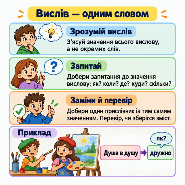 Картка пояснює три кроки: зрозуміти значення всього вислову, дібрати запитання-підказку та замінити вислів одним прислівником, перевіривши зміст. Запитання-підказки: як? коли? де? куди? скільки? У позначеному прикладі художники працюють у злагоді: «Душа в душу» замінено словом «дружно», яке відповідає на запитання «як?». Вислів — одним словом Зрозумій вислів: З’ясуй значення всього вислову, а не окремих слів. Запитай: Добери запитання до значення вислову: як? коли? де? куди? скільки? Заміни й перевір: Добери один прислівник із тим самим значенням. Перевір, чи зберігся зміст. Приклад Душа в душу дружно як? ? ✓