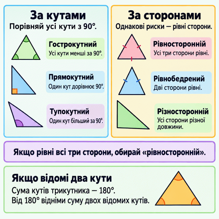 Пам’ятка про види трикутників. За кутами: гострокутний має всі кути менші за 90°, прямокутний — один кут 90°, тупокутний — один кут більший за 90°. За сторонами: рівносторонній має всі три рівні сторони, рівнобедрений — дві рівні, різносторонній — усі різної довжини. Однакові риски позначають рівні сторони. Якщо рівні всі три, обирай назву «рівносторонній». Сума кутів трикутника — 180°: щоб знайти третій кут, від 180° відніми суму двох відомих. За кутами: Порівняй усі кути з 90°. За сторонами: Однакові риски — рівні сторони. Якщо відомі два кути: Сума кутів трикутника — 180°. Від 180° відніми суму двох відомих кутів. Якщо рівні всі три сторони, обирай «рівносторонній». Гострокутний
Усі кути менші за 90°. Прямокутний
Один кут дорівнює 90°. Тупокутний
Один кут більший за 90°. Рівносторонній
Усі три сторони рівні. Рівнобедрений
Дві сторони рівні. Різносторонній
Усі сторони різної довжини.