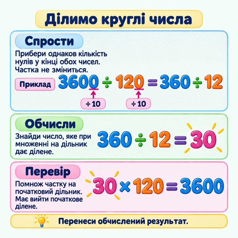 Навчальний приклад ділення круглих чисел: 3600 ÷ 120 = 360 ÷ 12. Обидва числа поділили на 10, прибравши по одному кінцевому нулю. Нуль у числі 360 залишився. 360 ÷ 12 = 30. Перевірка за початковими числами: 30 × 120 = 3600. Ділимо круглі числа Спрости: Прибери однакову кількість нулів у кінці обох чисел. Частка не зміниться. Обчисли: Знайди число, яке при множенні на дільник дає ділене. Перевір: Помнож частку на початковий дільник. Має вийти початкове ділене. Перенеси обчислений результат. Приклад 3600 ÷ 120 = 360 ÷ 12 ÷ 10 360 ÷ 12 = 30 30 × 120 = 3600