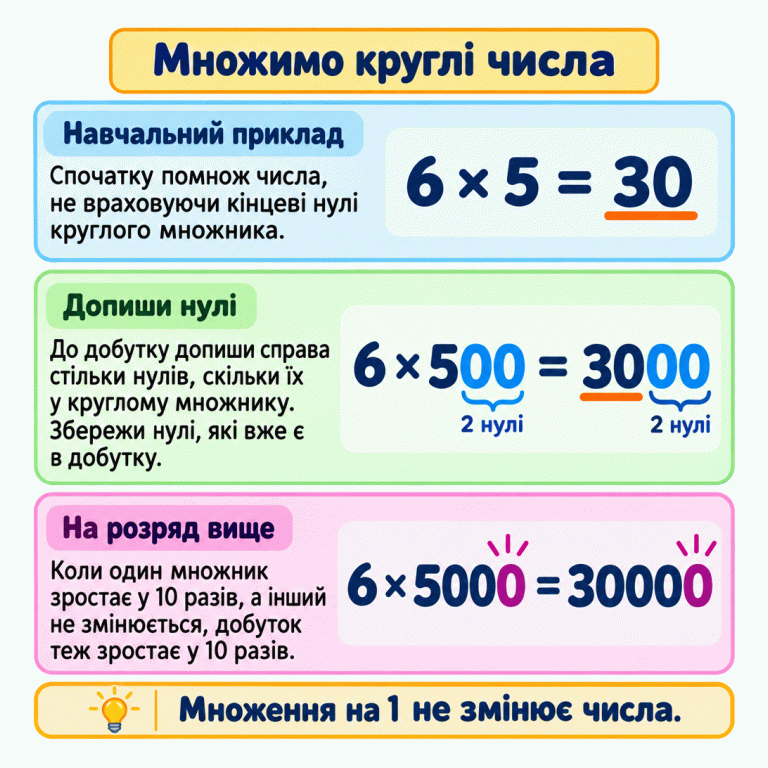 Навчальний приклад: 6 помножити на 5 — 30. У множнику 500 два кінцеві нулі, тому до всього добутку 30 дописуємо ще два нулі й отримуємо 3000. Нуль числа 30 зберігаємо. Далі 6 помножити на 5000 — 30000: круглий множник і добуток зросли вдесятеро, а множник 6 не змінився. Множення на 1 не змінює числа. Множимо круглі числа Навчальний приклад: Спочатку помнож числа, не враховуючи кінцеві нулі круглого множника. Допиши нулі: До добутку допиши справа стільки нулів, скільки їх у круглому множнику. Збережи нулі, які вже є в добутку. На розряд вище: Коли один множник зростає у 10 разів, а інший не змінюється, добуток теж зростає у 10 разів. Множення на 1 не змінює числа. 6 × 5 = 30 6 × 500 = 3000 2 нулі 6 × 5000 = 30000