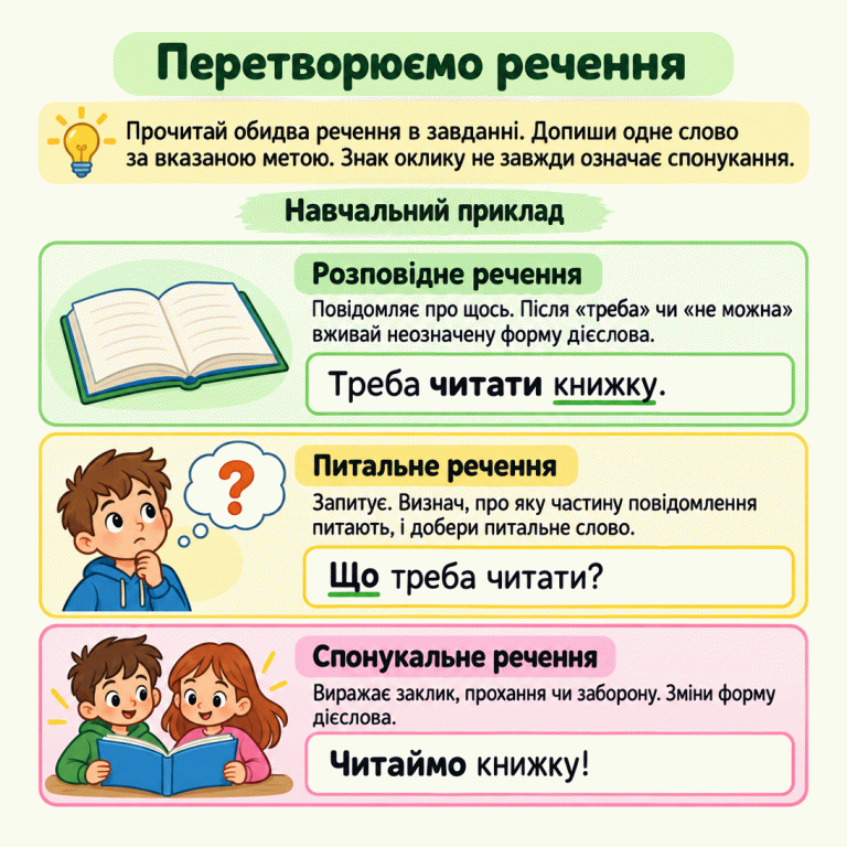 Картка пояснює перетворення речень за метою висловлювання. Розповідне повідомляє: «Треба читати книжку.». Питальне запитує: «Що треба читати?». Спонукальне закликає: «Читаймо книжку!». Виділено зміну дієслівної форми та зв’язок між словом «книжку» і питальним словом «Що». Нагадування радить дописати одне слово за потрібною метою й не визначати спонукання лише за знаком оклику. Перетворюємо речення Розповідне речення: Повідомляє про щось. Після «треба» чи «не можна» вживай неозначену форму дієслова. Питальне речення: Запитує. Визнач, про яку частину повідомлення питають, і добери питальне слово. Спонукальне речення: Виражає заклик, прохання чи заборону. Зміни форму дієслова. Прочитай обидва речення в завданні. Допиши одне слово за вказаною метою. Знак оклику не завжди означає спонукання. Навчальний приклад Треба читати книжку. Що треба читати? Читаймо книжку! ?