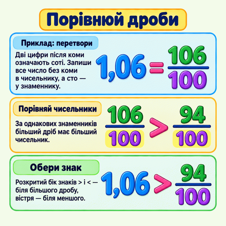 Три кроки порівняння дробів на одному навчальному прикладі. Десятковий дріб 1,06 дорівнює 106/100. За однакових знаменників порівнюємо чисельники: 106 більше за 94, тому 106/100 > 94/100 і 1,06 > 94/100. Розкритий бік знака розташований біля більшого дробу, вістря — біля меншого. Порівнюй дроби Приклад: перетвори: Дві цифри після коми означають соті. Запиши все число без коми в чисельнику, а сто — у знаменнику. Порівняй чисельники: За однакових знаменників більший дріб має більший чисельник. Обери знак: Розкритий бік знаків > і < — біля більшого дробу, вістря — біля меншого. 1,06 106 94 100 = >