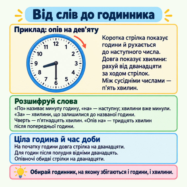Навчальна картка про вибір годинника за словесною назвою часу. У прикладі «опів на дев’яту» довга стрілка вказує на шість, коротка стоїть посередині між вісьмома й дев’ятьма. Текст пояснює відлік хвилин, значення слів «по», «на», «за», «чверть», «опів на», а також цілу годину, години після полудня та північ. Від слів до годинника Приклад: опів на дев’яту: Коротка стрілка показує години й рухається до наступного числа. Довга показує хвилини: рахуй від дванадцяти за ходом стрілок. Між сусідніми числами — п’ять хвилин. Розшифруй слова: «По» називає минулу годину, «на» — наступну; хвилини вже минули. «За» — хвилини, що залишилися до названої години. Чверть — п’ятнадцять хвилин. «Опів на» — тридцять хвилин після попередньої години. Ціла година й час доби: На початку години довга стрілка на дванадцяти. Для годин після полудня відніми дванадцять. Опівночі обидві стрілки на дванадцяти. Обирай годинник, на якому збігаються і години, і хвилини. 1 2 3 4 5 6 7 8 9 10 11 12