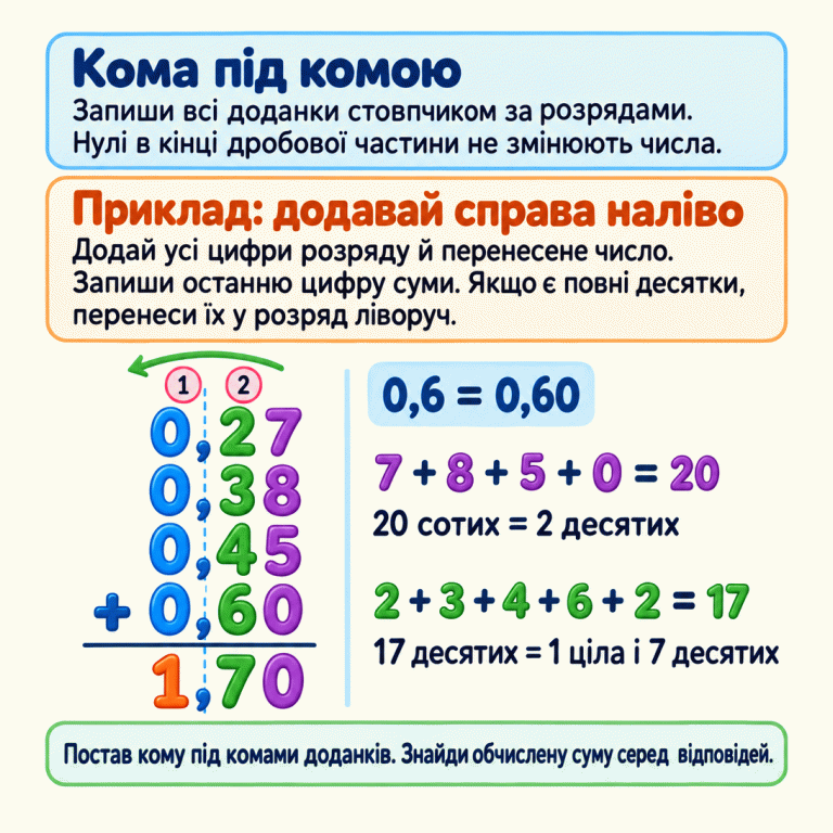 Пам’ятка про додавання кількох десяткових дробів стовпчиком. Коми й однакові розряди вирівняні. Навчальний приклад: 0,27 + 0,38 + 0,45 + 0,60 = 1,70. Рівність 0,6 = 0,60 показує, що кінцевий нуль не змінює числа. У сотих отримуємо 20: записуємо 0 і переносимо 2 в десяті. У десятих разом із перенесеним числом отримуємо 17: записуємо 7 і переносимо 1 в одиниці. Кома суми стоїть під комами доданків. Після обчислення потрібно знайти свою суму серед відповідей. Кома під комою: Запиши всі доданки стовпчиком за розрядами. Нулі в кінці дробової частини не змінюють числа. Приклад: додавай справа наліво: Додай усі цифри розряду й перенесене число. Запиши останню цифру суми. Якщо є повні десятки, перенеси їх у розряд ліворуч. Постав кому під комами доданків. Знайди обчислену суму серед відповідей. 0,27 0,38 0,45 + 0,60 1,70 2 1 0,6 = 0,60 7 + 8 + 5 + 0 = 20 20 сотих = 2 десятих 2 + 3 + 4 + 6 + 2 = 17 17 десятих = 1 ціла і 7 десятих