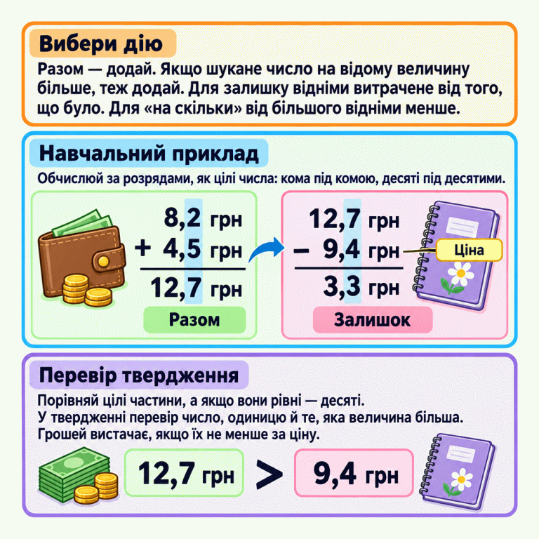 Картка пояснює вибір додавання й віднімання, розрядне обчислення та перевірку тверджень. У навчальному прикладі 8,2 грн і 4,5 грн разом становлять 12,7 грн. Після покупки блокнота за 9,4 грн залишається 3,3 грн. Обидва обчислення записані стовпчиком, кома під комою. Порівняння 12,7 грн > 9,4 грн показує, що грошей вистачає. Текст нагадує перевіряти число, одиницю та те, яка величина більша. Вибери дію: Разом — додай. Якщо шукане число на відому величину більше, теж додай. Для залишку відніми витрачене від того, що було. Для «на скільки» від більшого відніми менше. Навчальний приклад: Обчислюй за розрядами, як цілі числа: кома під комою, десяті під десятими. Перевір твердження: Порівняй цілі частини, а якщо вони рівні — десяті. У твердженні перевір число, одиницю й те, яка величина більша. Грошей вистачає, якщо їх не менше за ціну. Разом Залишок Ціна 8,2 4,5 12,7 9,4 3,3 грн + − >