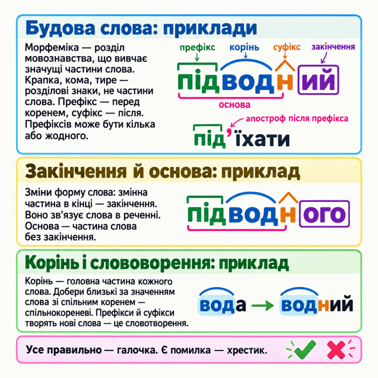Приклади для перевірки тверджень про будову слова. Морфеміка вивчає значущі частини, а крапка, кома й тире — розділові знаки. У підводний префікс під стоїть перед коренем вод, суфікс н — після нього, закінчення — ий. Корінь позначено дугою, суфікс — куточком, закінчення — рамкою. У формі підводного закінчення змінюється на ого, а основа підводн залишається. Закінчення допомагає зв’язувати слова в реченні. Вода й водний — спільнокореневі слова; творення нового слова є словотворенням. Префіксів може бути кілька або жодного. У під’їхати апостроф стоїть після префікса під. Якщо все твердження правильне, обирай галочку; якщо є помилка — хрестик. Будова слова: приклади: Морфеміка — розділ мовознавства, що вивчає значущі частини слова. Крапка, кома, тире — розділові знаки, не частини слова. Префікс — перед коренем, суфікс — після. Префіксів може бути кілька або жодного. Закінчення й основа: приклад: Зміни форму слова: змінна частина в кінці — закінчення. Воно зв’язує слова в реченні. Основа — частина слова без закінчення. Корінь і словотворення: приклад: Корінь — головна частина кожного слова. Добери близькі за значенням слова зі спільним коренем — спільнокореневі. Префікси й суфікси творять нові слова — це словотворення. Усе правильно — галочка. Є помилка — хрестик. підводний префікс корінь суфікс закінчення основа під’їхати апостроф після префікса підводного вода водний ✓ ✕