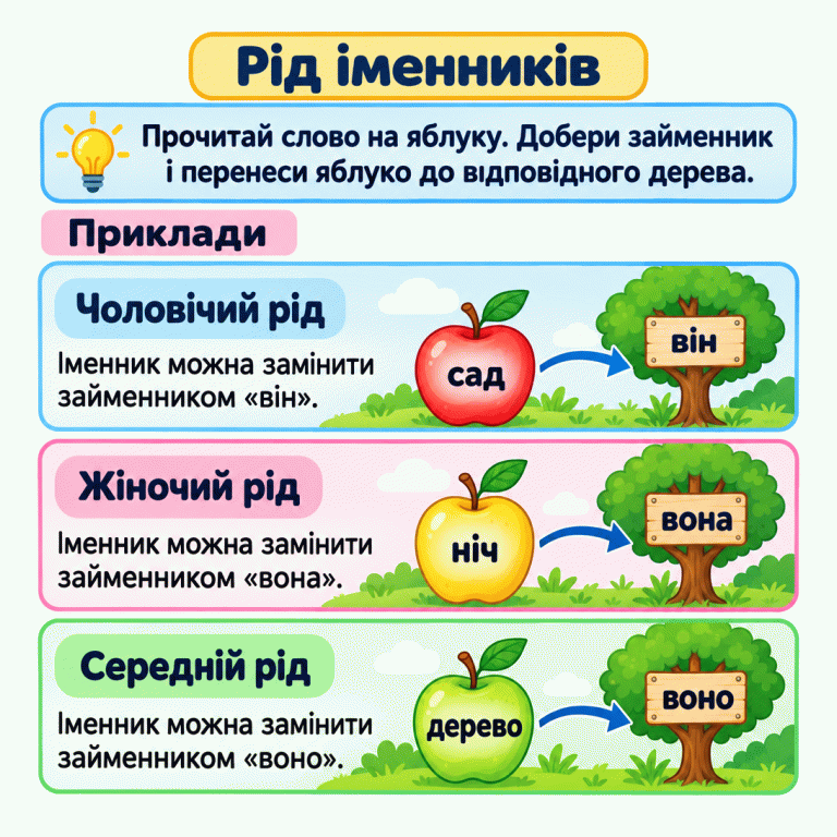 Щоб розподілити слова, прочитай іменник на яблуку й добери займенник. Навчальні приклади: «сад» — «він», чоловічий рід; «ніч» — «вона», жіночий рід; «дерево» — «воно», середній рід. Перенеси яблуко до дерева з відповідним займенником. Рід іменників Чоловічий рід: Іменник можна замінити займенником «він». Жіночий рід: Іменник можна замінити займенником «вона». Середній рід: Іменник можна замінити займенником «воно». Прочитай слово на яблуку. Добери займенник і перенеси яблуко до відповідного дерева. Приклади сад він ніч вона дерево воно