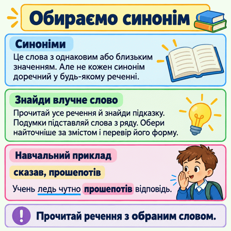 Пам’ятка про добір синоніма за змістом речення. Синоніми мають однакове або близьке значення, але не завжди можуть замінювати одне одного. У навчальному прикладі наведено слова «сказав, прошепотів» і речення «Учень ледь чутно прошепотів відповідь.». Школяр тихо говорить. Підкреслено підказку «ледь чутно» та виділено точніше слово «прошепотів». Потрібно подумки підставляти слова, перевіряти зміст і форму та перечитувати речення. Обираємо синонім Синоніми: Це слова з однаковим або близьким значенням. Але не кожен синонім доречний у будь-якому реченні. Знайди влучне слово: Прочитай усе речення й знайди підказку. Подумки підставляй слова з ряду. Обери найточніше за змістом і перевір його форму. Прочитай речення з обраним словом. Навчальний приклад сказав, прошепотів Учень ледь чутно прошепотів відповідь. !