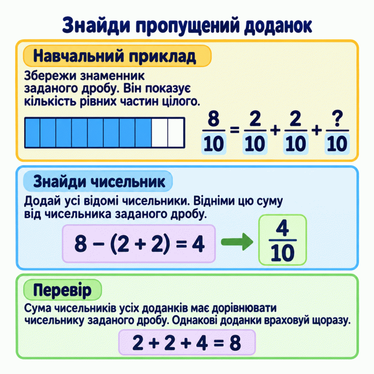 Навчальний приклад пошуку пропущеного доданка: 8/10 = 2/10 + 2/10 + ?/10. На смузі цілого позначено вісім із десяти рівних частин. Пропущений чисельник: 8 − (2 + 2) = 4, тому потрібний дріб — 4/10. Перевірка: 2 + 2 + 4 = 8. Знаменник зберігаємо, кожен однаковий доданок ураховуємо окремо. Знайди пропущений доданок Навчальний приклад: Збережи знаменник заданого дробу. Він показує кількість рівних частин цілого. Знайди чисельник: Додай усі відомі чисельники. Відніми цю суму від чисельника заданого дробу. Перевір: Сума чисельників усіх доданків має дорівнювати чисельнику заданого дробу. Однакові доданки враховуй щоразу. 8/10 = 2/10 + 2/10 + ?/10 8 − (2 + 2) = 4 4/10 2 + 2 + 4 = 8
