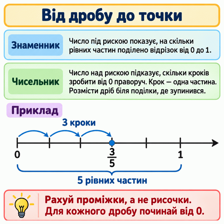 Приклад: три п’ятих на числовому промені. Відрізок від нуля до одиниці поділено на п’ять рівних проміжків. Три кроки від нуля праворуч ведуть до точки три п’ятих. Знаменник указує кількість рівних частин, чисельник — кількість кроків. Для кожного дробу відлік починається від нуля; рахують проміжки, а не рисочки. Від дробу до точки Знаменник: Число під рискою показує, на скільки рівних частин поділено відрізок від 0 до 1. Чисельник: Число над рискою підказує, скільки кроків зробити від 0 праворуч. Крок — одна частина. Розмісти дріб біля поділки, де зупинився. Рахуй проміжки, а не рисочки. Для кожного дробу починай від 0. Приклад 1 3 5 3 кроки 5 рівних частин