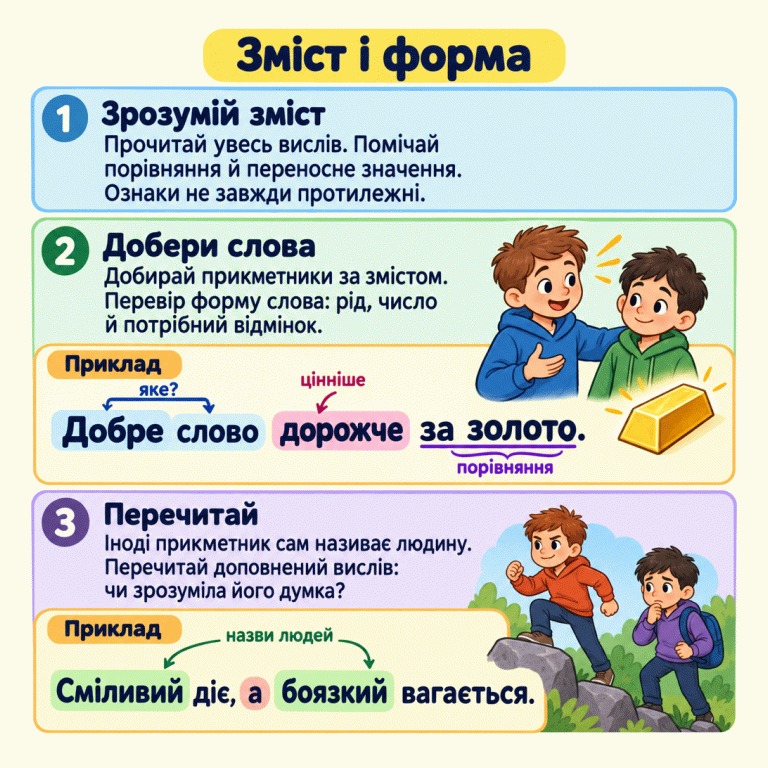 Картка пояснює, як добирати прикметники: прочитати весь вислів, врахувати порівняння й переносне значення, перевірити зміст і потрібну форму слова, потім перечитати. Навчальний приклад «Добре слово дорожче за золото.»: «Добре» відповідає на запитання «яке?» до слова «слово»; «дорожче за золото» є порівнянням, а «дорожче» тут означає «цінніше». Поруч зображені доброзичлива розмова та злиток, без грошової ціни. Другий приклад — «Сміливий діє, а боязкий вагається.» Прикметники називають людей без іменника; один персонаж починає справу, інший вагається. Не всі пари прикметників протилежні. Зміст і форма Зрозумій зміст: Прочитай увесь вислів. Помічай порівняння й переносне значення. Ознаки не завжди протилежні. Добери слова: Добирай прикметники за змістом. Перевір форму слова: рід, число й потрібний відмінок. Перечитай: Іноді прикметник сам називає людину. Перечитай доповнений вислів: чи зрозуміла його думка? Приклад Добре слово дорожче за золото. яке? порівняння цінніше Сміливий діє, а боязкий вагається. назви людей 1 2 3