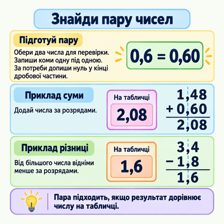 Навчальна картка пояснює, як перевірити пару десяткових дробів: записати коми одну під одною, за потреби дописати нуль у кінці дробової частини та виконати потрібну дію. Рівність 0,6 = 0,60 показує, що значення не змінюється. Приклад суми: 1,48 + 0,60 = 2,08. Приклад різниці: 3,4 − 1,8 = 1,6. Біля кожного обчислення є табличка з таким самим числом, як його результат. Пара підходить, коли обчислений результат дорівнює числу на табличці. Знайди пару чисел Підготуй пару: Обери два числа для перевірки. Запиши коми одну під одною. За потреби допиши нуль у кінці дробової частини. Приклад суми: Додай числа за розрядами. Приклад різниці: Від більшого числа відніми менше за розрядами. Пара підходить, якщо результат дорівнює числу на табличці. 0,6 = 0,60 На табличці 1,48 + 2,08 3,4 1,8 − 1,6