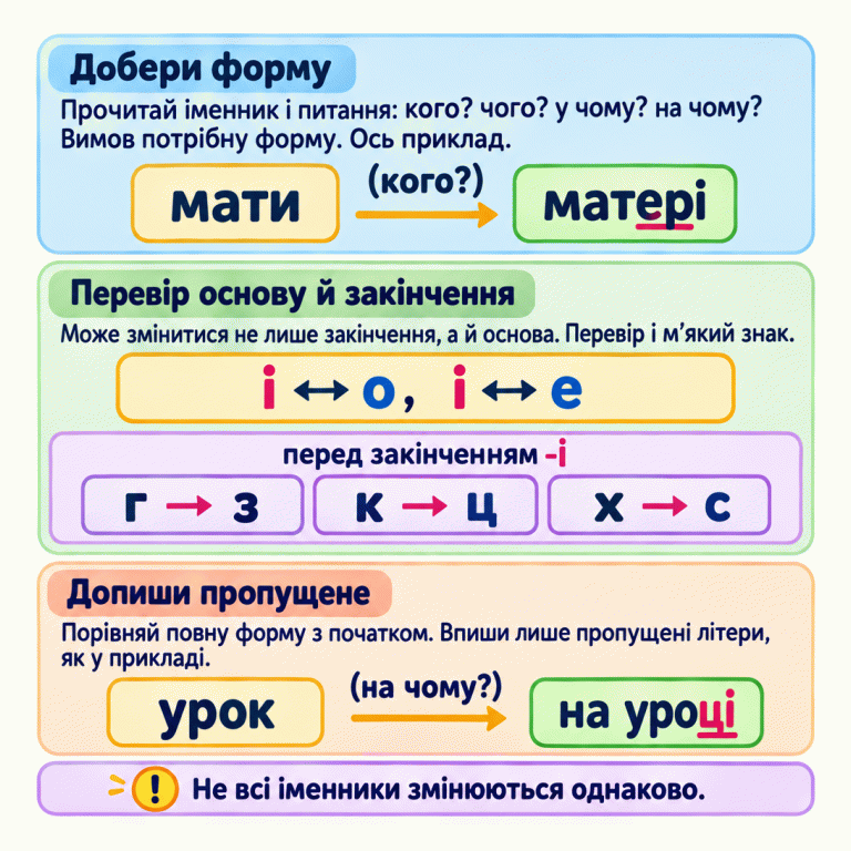 Добери форму всього іменника за питанням, перевір основу й закінчення та допиши лише відсутні літери. Навчальні приклади: мати — кого? — матері; урок — на чому? — на уроці. У другому прикладі «на уро» вже подано, а дописані «ці» підкреслено. Показано можливі чергування і з о або е, а перед закінченням -і — г із з, к із ц, х із с. Перевіряй і м’який знак: не всі іменники змінюються однаково. Добери форму: Прочитай іменник і питання: кого? чого? у чому? на чому? Вимов потрібну форму. Ось приклад. Перевір основу й закінчення: Може змінитися не лише закінчення, а й основа. Перевір і м’який знак. Допиши пропущене: Порівняй повну форму з початком. Впиши лише пропущені літери, як у прикладі. Не всі іменники змінюються однаково. мати (кого?) матері і ↔ о, і ↔ е перед закінченням -і г → з к → ц х → с урок (на чому?) на уро ці !