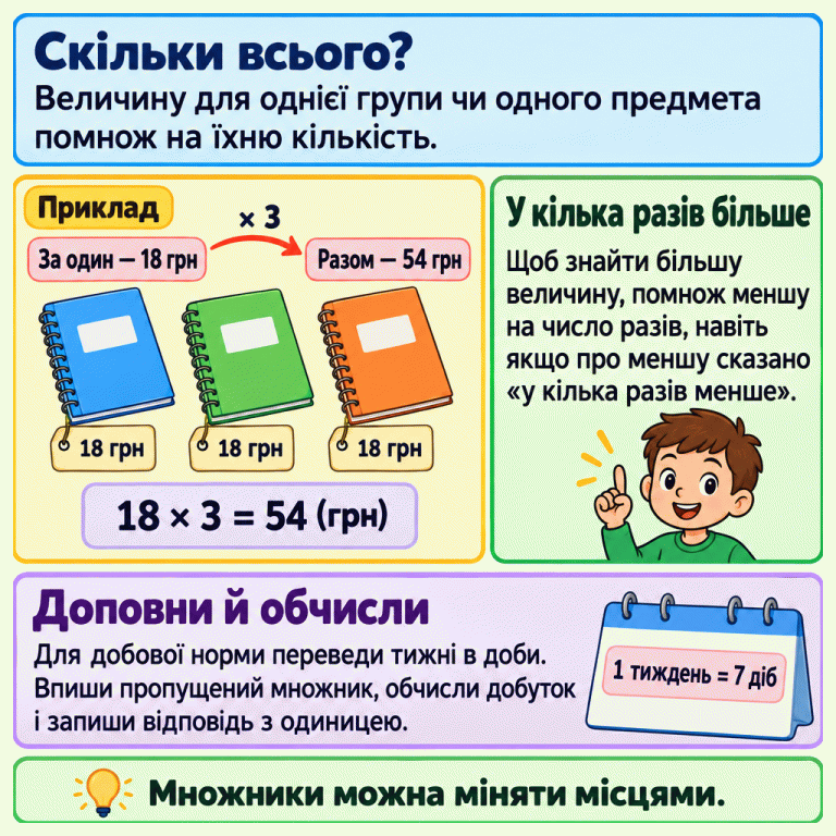 Навчальний приклад: три предмети по 18 грн коштують разом 54 грн. Добуток: 18 × 3 = 54. Загальна сума утричі більша за ціну одного предмета. Щоб знайти більшу величину, помнож меншу на число разів, навіть якщо про меншу сказано «менше». Один тиждень — сім діб. Доповни добуток, обчисли й запиши відповідь з одиницею. Множники можна міняти місцями. Скільки всього?: Величину для однієї групи чи одного предмета помнож на їхню кількість. У кілька разів більше: Щоб знайти більшу величину, помнож меншу на число разів, навіть якщо про меншу сказано «у кілька разів менше». Доповни й обчисли: Для добової норми переведи тижні в доби. Впиши пропущений множник, обчисли добуток і запиши відповідь з одиницею. Множники можна міняти місцями. Приклад За один — 18 грн 18 грн Разом — 54 грн 18 × 3 = 54 (грн) × 3 1 тиждень = 7 діб