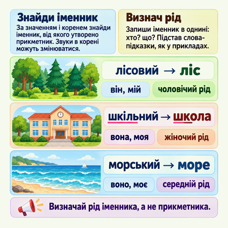 Знайди за значенням і коренем іменник, від якого утворено прикметник. Звуки в корені можуть змінюватися. Запиши іменник в однині та перевір його рід словами-підказками. Навчальні приклади: лісовий — ліс; він, мій — чоловічий рід. Шкільний — школа; вона, моя — жіночий рід. Морський — море; воно, моє — середній рід. Визначай рід іменника, а не прикметника. Знайди іменник: За значенням і коренем знайди іменник, від якого утворено прикметник. Звуки в корені можуть змінюватися. Визнач рід: Запиши іменник в однині: хто? що? Підстав слова-підказки, як у прикладах. Визначай рід іменника, а не прикметника. лісовий → ліс він, мій чоловічий рід шкільний → школа вона, моя жіночий рід морський → море воно, моє середній рід