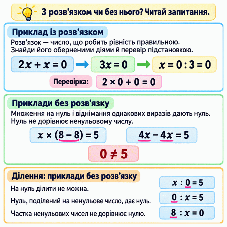 Навчальна картка про рівняння з розв’язком і без нього. У прикладі 2x + x = 0 доданки об’єднують у 3x, ділять на 3 й отримують x = 0. Підстановка підтверджує рівність. У двох прикладах без розв’язку множення на нуль і віднімання однакових виразів дають 0, який не дорівнює 5. Далі показано три причини неможливості рівнянь із діленням: на нуль ділити не можна; нуль, поділений на ненульове число, дає нуль; частка ненульових чисел не дорівнює нулю. Нагадування радить читати, яке саме рівняння потрібно знайти. Приклад із розв’язком: Розв’язок — число, що робить рівність правильною. Знайди його оберненими діями й перевір підстановкою. Приклади без розв’язку: Множення на нуль і віднімання однакових виразів дають нуль. Нуль не дорівнює ненульовому числу. Ділення: приклади без розв’язку: На нуль ділити не можна.
Нуль, поділений на ненульове число, дає нуль.
Частка ненульових чисел не дорівнює нулю. З розв’язком чи без нього? Читай запитання. 2x + x = 0 3x = 0 x = 0 : 3 = 0 Перевірка: 2 × 0 + 0 = 0 x × (8 − 8) = 5 4x − 4x = 5 0 ≠ 5 x : 0 = 5 0 : x = 5 8 : x = 0