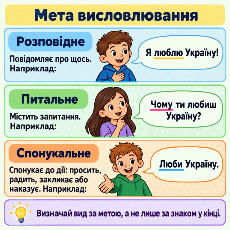 Три види речень за метою висловлювання. «Я люблю Україну!» — розповідне, бо повідомляє про ставлення мовця. «Чому ти любиш Україну?» — питальне, бо містить запитання. «Люби Україну.» — спонукальне, бо закликає. Нагадування: визначай вид за метою, а не лише за знаком у кінці. Мета висловлювання Розповідне: Повідомляє про щось. Наприклад: Питальне: Містить запитання. Наприклад: Спонукальне: Спонукає до дії: просить, радить, закликає або наказує. Наприклад: Визначай вид за метою, а не лише за знаком у кінці. Я люблю Україну! Чому ти любиш Україну? Люби Україну.